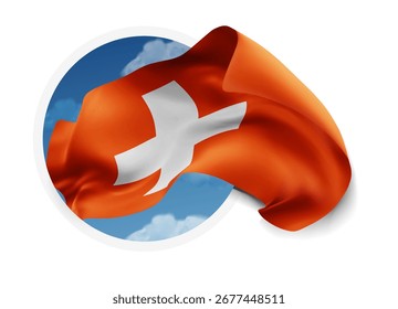 Switzerland, vector 3d flag against a blue sky, through a round hole on a white background
