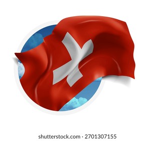 Schweiz, Vektor 3D-Flagge auf blauem Himmel, durch ein rundes Loch auf weißem Hintergrund