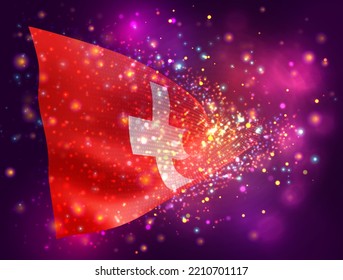 Schweiz, Vektor-3D-Flagge auf rosafarbenem violettem Hintergrund mit Beleuchtung und Aromen
