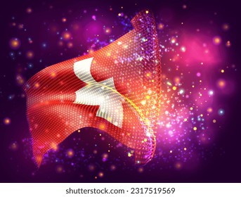 Switzerland, vector 3d flag on pink purple background with lighting and flares