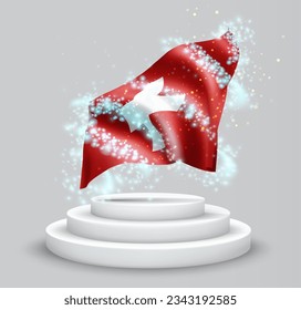 Schweiz, Vektor-3D-Flagge auf dem Podium, umgeben von einem Wirbelwind magischer Strahlung