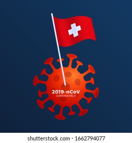 switzerland vector flag pinned to a coronavirus. Stop 2019-nCoV outbreak. Coronavirus danger and public health risk disease and flu outbreak. Pandemic medical concept with dangerous cells