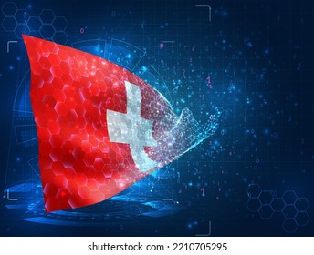 Schweiz, Vektorflagge, virtuelles abstraktes 3D-Objekt aus dreieckigen Polygonen auf blauem Hintergrund