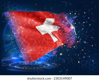 Suiza, bandera vectorial, objeto 3D virtual abstracto de polígonos triangulares sobre fondo azul