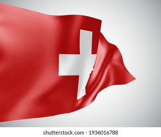 Suiza, bandera vectorial con olas y curvas ondeando en el viento sobre un fondo blanco.