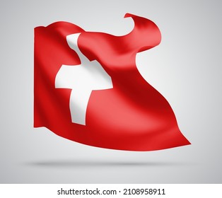 Switzerland, vector flag with waves and bends waving in the wind on a white background.