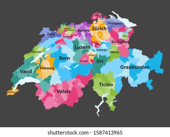 Switzerland vector map colored by cantons with districts boundaries