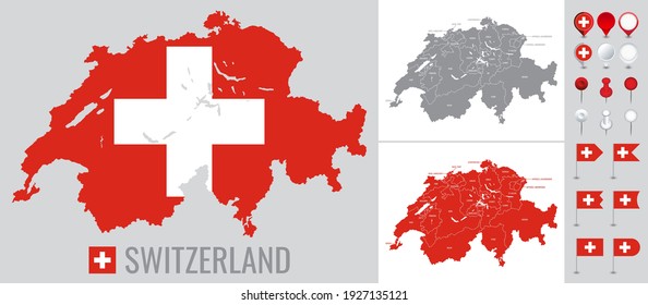 Mapa vector de Suiza con bandera, globo e iconos en fondo blanco