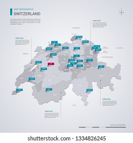 Switzerland vector map with infographic elements, pointer marks. Editable template with regions, cities and capital Bern. 