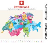 Switzerland vector map showing cantonal, districts and municipal boundaries. Map colored by cantons and inside each canton by distrcts. Flag of Switzerland. Navigation and location icons