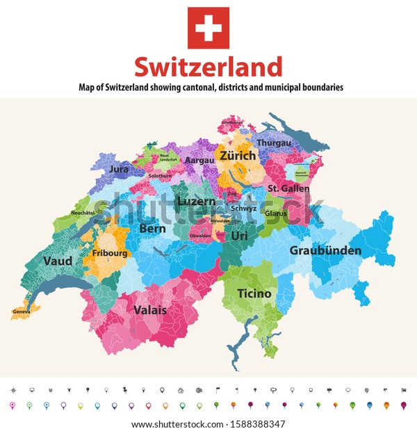 Switzerland\
vector map showing cantonal, districts and municipal boundaries.\
Map colored by cantons and inside each canton by distrcts. Flag of\
Switzerland. Navigation and location\
icons