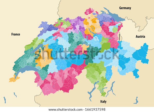 Switzerland vector\
map showing cantonal, districts and municipal boundaries, colored\
by cantons and inside each canton by distrcts. Map  with\
neighbouring countries and\
territories