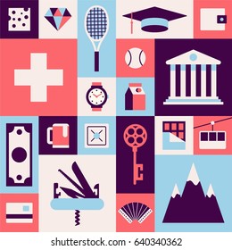 Switzerland, vector travel illustration, flat icon set, color background. Flag, swiss cheese, diamond, clock, milk, bank, tennis, education, wallet, money, penknife, beer, key, chocolate, mountain