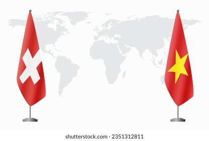 Switzerland and Vietnam flags for official meeting against background of world map.