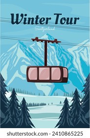 Diseño de afiches de Suiza. Visita de invierno en suiza con ilustración de afiches de góndola o teleférico