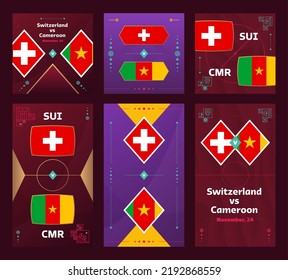 Die Schweiz gegen Kamerun gleicht. World Football 2022 vertikal und quadratisch für soziale Medien. Fußball-Infografik 2022 Gruppenphase. Ankündigung zur Vektorgrafik.