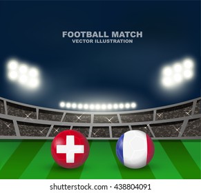 Switzerland vs France soccer ball in flag design on stadium background for football tournament , this image for sport match template or banner in vector illustration