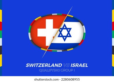 Switzerland vs Israel icon for European football tournament qualification, group I. Competition icon on the stylized background.
