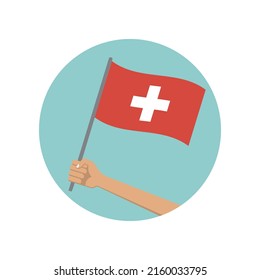 Switzerland Waving Flag Circle Icon. Hand Holding Swiss Flag. Red National Symbol With Cross. Vector Illustration. 