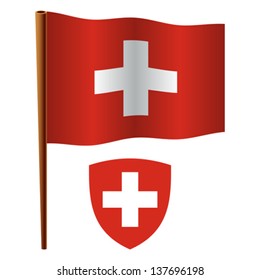 switzerland wavy flag and coat of arm against white background, vector art illustration, image contains transparency