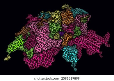 Switzerland Word Cloud. Region names of the country in German language. Bright neon style design on dark background. Switzerland shape with administrative division. Modern vector illustration.