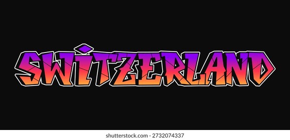 Switzerland word written in bold, angular graffiti style lettering, featuring a dynamic purple and orange gradient fill with a crisp white outline on a dark background