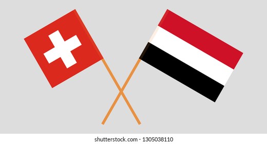 Switzerland and Yemen. The Swiss and Yemeni flags. Official colors. Correct proportion. Vector illustration