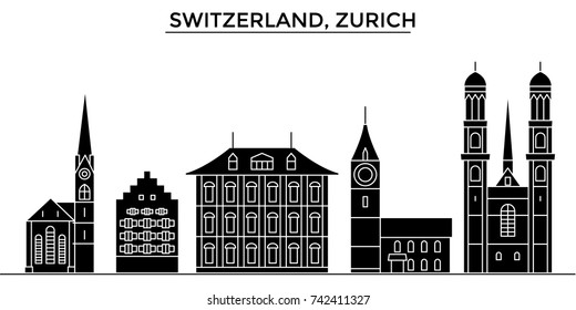 Switzerland, Zurich architecture vector city skyline, travel cityscape with landmarks, buildings, isolated sights on background