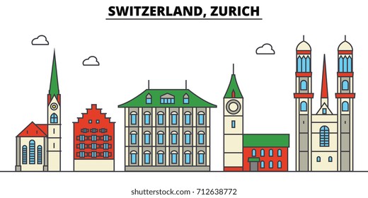 Switzerland, Zurich. City skyline: architecture, buildings, streets, silhouette, landscape, panorama, landmarks. Editable strokes. Flat design line vector illustration concept. Isolated icons set