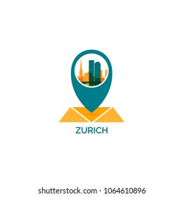 Switzerland Zurich city skyline landscape silhouette vector logo icon. Cool urban map pin point geolocation horizon illustration concept