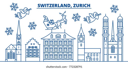 Switzerland, Zurich winter city skyline. Merry Christmas, Happy New Year decorated banner with Santa Claus.Winter greeting line card.Flat, outline vector.Linear christmas snow illustration