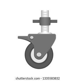 Swivel caster isolated on white background. Equipment consist of tire or plastic wheel, locking brake and adjustable screw. For support and move scaffold rolling tower, trolley, cart and furniture.