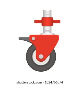 Swivel caster isolated on white background. Equipment consist of tire or plastic wheel, locking brake and adjustable screw. For support and move scaffold rolling tower, trolley, cart and furniture.