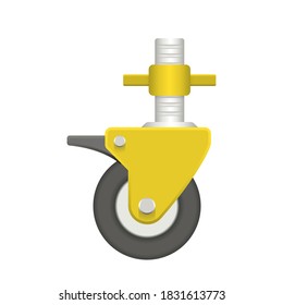 Swivel caster isolated on white background. Equipment consist of tire or plastic wheel, locking brake and adjustable screw. For support and move scaffold rolling tower, trolley, cart and furniture.