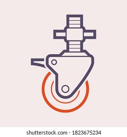 Swivel caster vector icon. Industrial equipment consist of tire or plastic wheel, locking brake and adjustable screw. For support and move scaffold rolling tower, trolley, shopping cart and furniture.