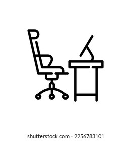 Swivel computer chair and desk with desktop computer. Office workplace icon. Pixel perfect, editable stroke art