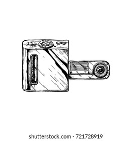 Swivel lens compact digital camera. Vector hand drawn sketch of subcompact photocamera in vintage engraved style on white background.