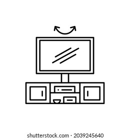 Swivel TV stand. Vector illustration of modern media console. Line icon of led or flat screen television table with rotating mount. Living room furniture. Isolated object on white background