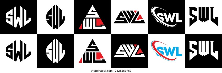 SWL letter logo design in six style. SWL polygon, circle, triangle, hexagon, flat and simple style with black and white color variation letter logo set in one artboard. SWL minimalist and classic logo