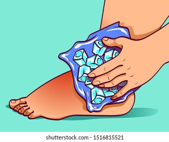 Swollen feet, before-after. Leg with ice compress. Vector illustration