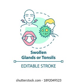 Swollen glands and tonsils concept icon. Sore throat symptom idea thin line illustration. Painful swallowing. Tonsillitis. Tender jaw, neck. Vector isolated outline RGB color drawing. Editable stroke