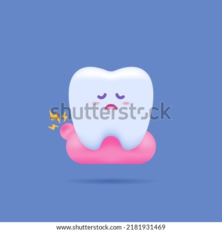 swollen or inflamed gums. gingivitis and pain. gum and dental health. sad, funny, cute, and adorable tooth character. gloomy expression. 3d illustration design. vector Stockfoto © 