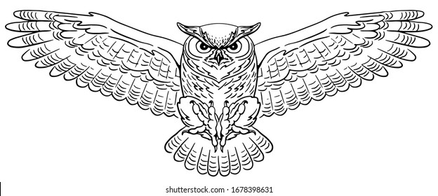 Swooping Great Horned Owl. Hand-drawn Vector Illustration. Line Art.