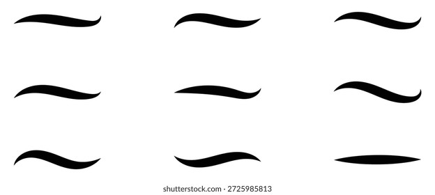 Swoosh Pinselstriche Bündel mit dynamischen Kurven, konische Enden. Handgezeichnete Swoosh Elemente, und Swoop unterstreichen Typografie Schwänze Form in flachen Stilen. Vektor-Swash-Swoosh blühen Designelemente auf weißem Hintergrund.
