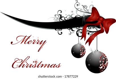 A swoosh with the caption merry christmas and a red bowtie and toys