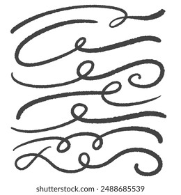 Swoosh hand drawn underlines. Swash and swish curly strokes. Squiggle calligraphic tails and dividers set. Vector decorative elegant flourish vintage elements. Wavy scroll swoop