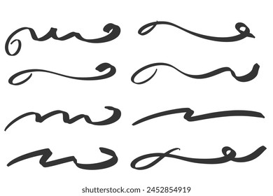 Swoosh hand drown vector lines. Swash and swish squiggle lines with swirl tail. Calligraphy wavy stroke. Curly doodle design elements