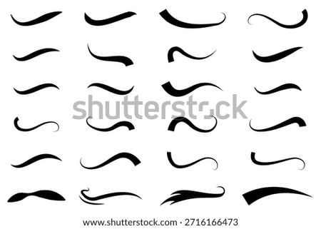 Swoosh icon set. Set of hand drawn black calligraphy swoosh. Set of hand drawn black calligraphy swoosh. Curly swish tails and sporty plume swirl logo vector elements.