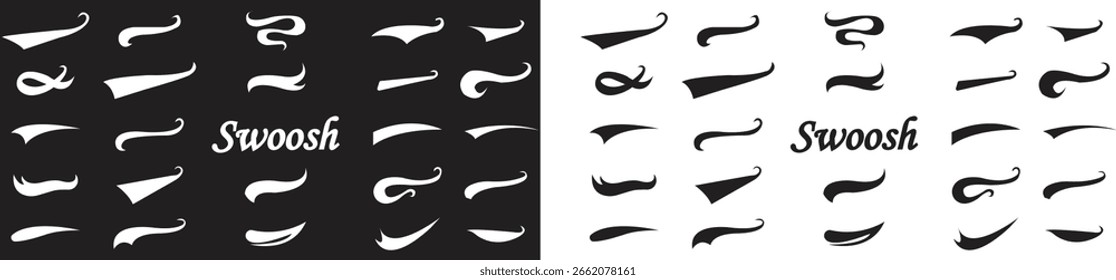 Swoosh Icons Vector Set, Collection and Group, Speed Motion Swirl Curves, Dynamic Wave Tail Shapes, Minimal Flat Style, Monochrome Silhouette Graphic Bundle for Logo, Sport and Abstract Design