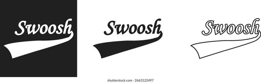 Swoosh ícones conjunto de vetor, coleção e grupo, velocidade movimento giratório curvas, formas de cauda de onda dinâmica, estilo de linha plana mínima, pacote gráfico de silhueta monocromática para logotipo, esporte e design abstrato
